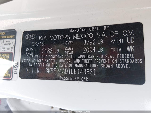 Продаж на аукціоні авто 2020 Kia Forte Lxs, vin: 3KPF24AD1LE143631, номер лоту: 45975032