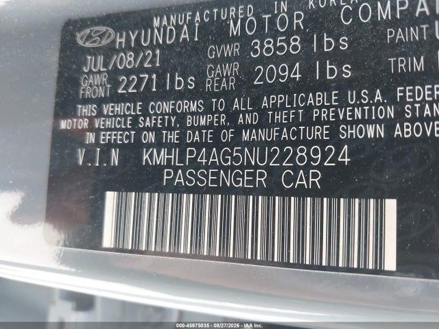 2022 Hyundai Elantra Limited მანქანა იყიდება აუქციონზე, vin: KMHLP4AG5NU228924, აუქციონის ნომერი: 45975035