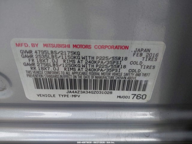 Mitsubishi Outlander Es 2016 JA4AZ3A34GZ031028 Image 9