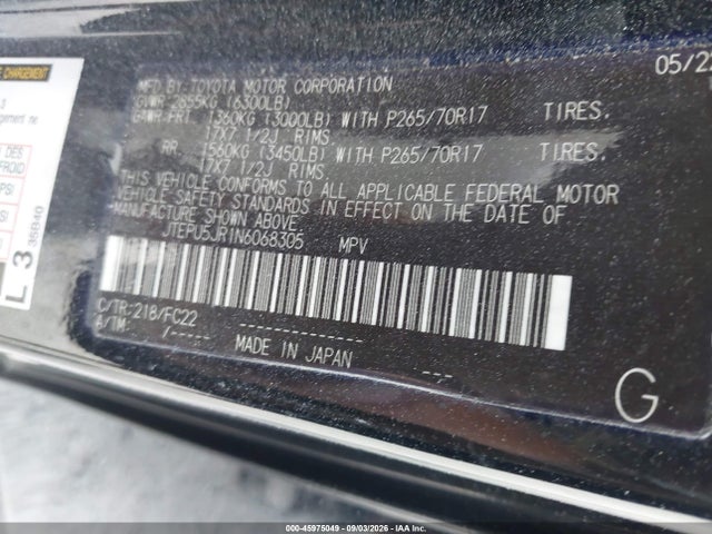 45975049 :رقم المزاد ، JTEPU5JR1N6068305 vin ، 2022 Toyota 4runner Trd Off Road مزاد بيع