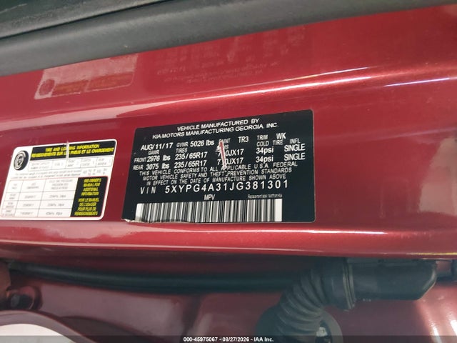 2018 Kia Sorento 2.4l Lx მანქანა იყიდება აუქციონზე, vin: 5XYPG4A31JG381301, აუქციონის ნომერი: 45975067