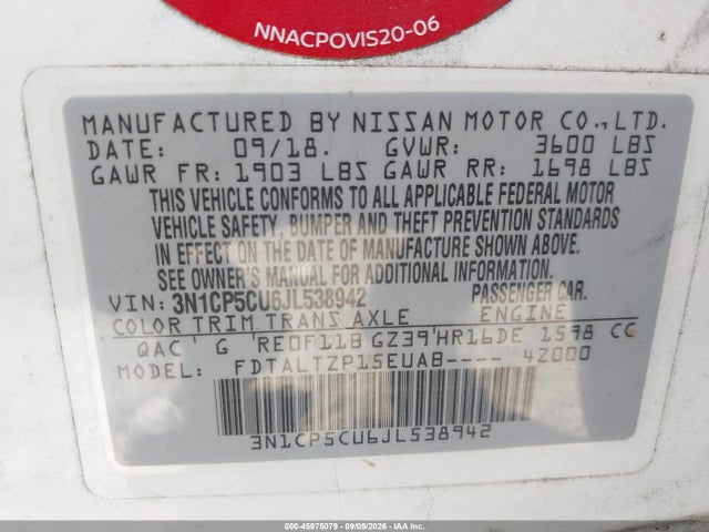 45975079 :رقم المزاد ، 3N1CP5CU6JL538942 vin ، 2018 Nissan Kicks Sr مزاد بيع