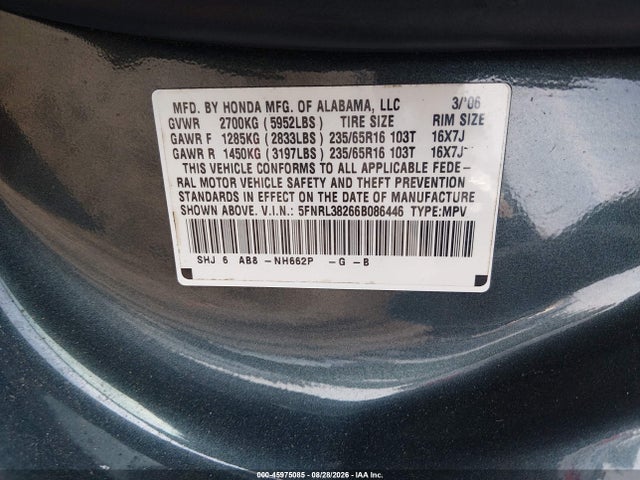 Aukcja sprzedaży 2006 Honda Odyssey Lx, vin: 5FNRL38266B086446, numer aukcji: 45975085