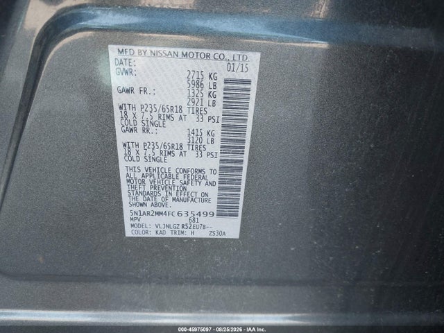 Aukcja sprzedaży 2015 Nissan Pathfinder Sl, vin: 5N1AR2MM4FC635499, numer aukcji: 45975097