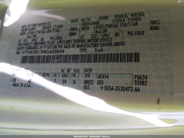 Продаж на аукціоні авто 2010 Ford E-250 Commercial/recreational, vin: 1FTNE2ELXADA59654, номер лоту: 45975103