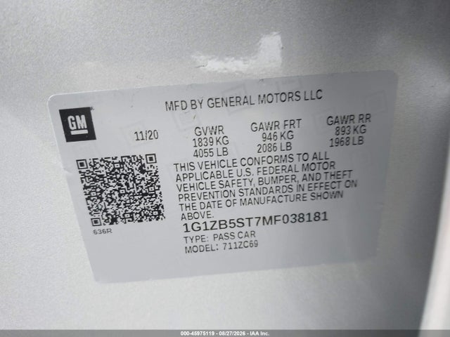 45975119 :رقم المزاد ، 1G1ZB5ST7MF038181 vin ، 2021 Chevrolet Malibu Fwd Ls مزاد بيع