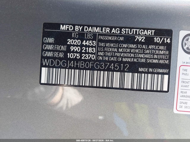 45975126 :رقم المزاد ، WDDGJ4HB0FG374512 vin ، 2015 Mercedes-benz C 250 مزاد بيع