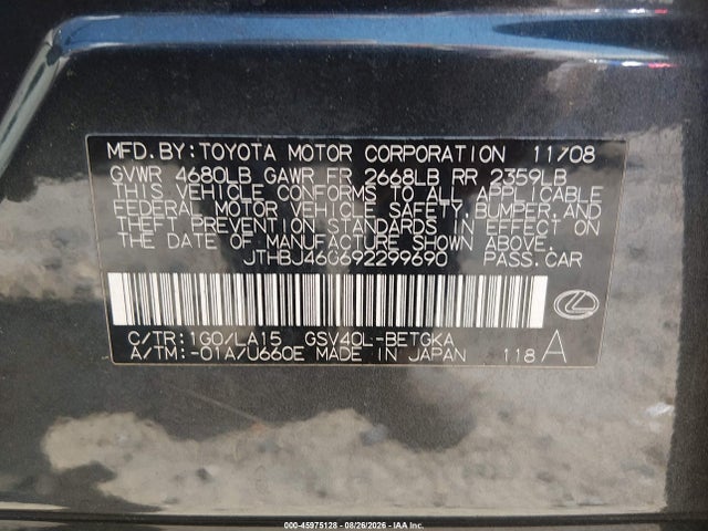 45975128 :رقم المزاد ، JTHBJ46G692299690 vin ، 2009 Lexus Es 350 مزاد بيع