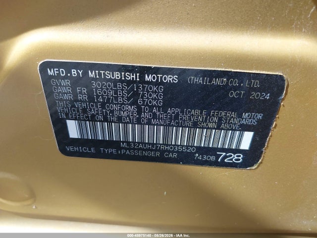 2024 Mitsubishi Mirage Es/le მანქანა იყიდება აუქციონზე, vin: ML32AUHJ7RH035520, აუქციონის ნომერი: 45975140