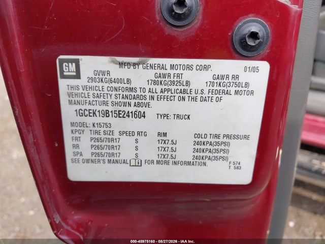 45975160 :رقم المزاد ، 1GCEK19B15E241604 vin ، 2005 Chevrolet Silverado 1500 Z71 مزاد بيع