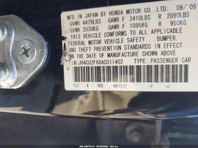 Aukcja sprzedaży 2010 Acura Tsx 2.4, vin: JH4CU2F68AC011402, numer aukcji: 45975176