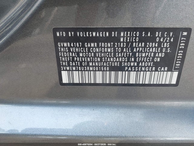 2024 Volkswagen Jetta 1.5t Se მანქანა იყიდება აუქციონზე, vin: 3VWEM7BU3RM081568, აუქციონის ნომერი: 45975204
