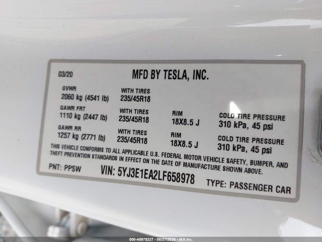 5YJ3E1EA2LF658978 Tesla Model 3 Standard Range Plus Rear-wheel Drive/standard Range Rear-wheel Drive