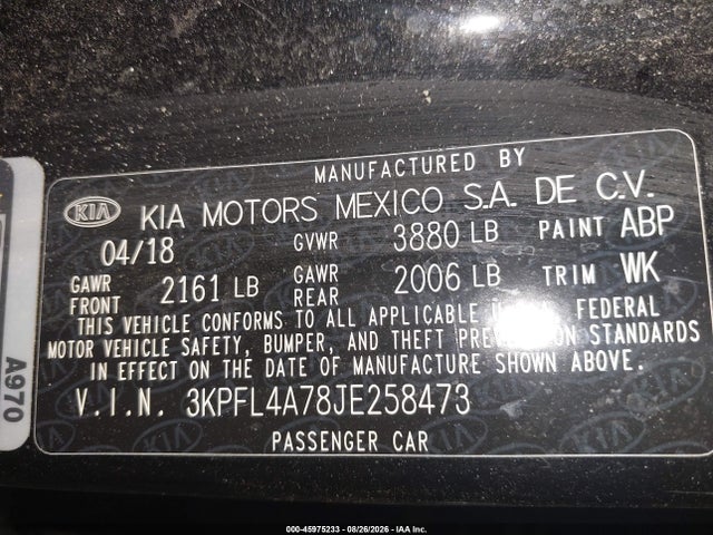 Aukcja sprzedaży 2018 Kia Forte Lx, vin: 3KPFL4A78JE258473, numer aukcji: 45975233