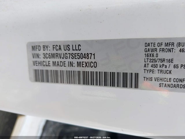 2025 Ram Promaster 3500 Cargo Van Tradesman High Roof 159 Wb Ext მანქანა იყიდება აუქციონზე, vin: 3C6MRVJG7SE504871, აუქციონის ნომერი: 45975237