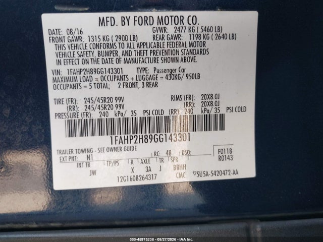 45975238 :رقم المزاد ، 1FAHP2H89GG143301 vin ، 2016 Ford Taurus Sel مزاد بيع