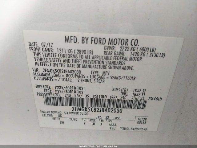 45975250 :رقم المزاد ، 2FMGK5C82JBA02030 vin ، 2018 Ford Flex Sel مزاد بيع