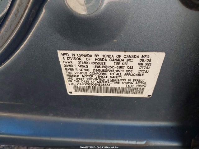 2006 Honda Ridgeline Rtl მანქანა იყიდება აუქციონზე, vin: 2HJYK16506H536551, აუქციონის ნომერი: 45975257