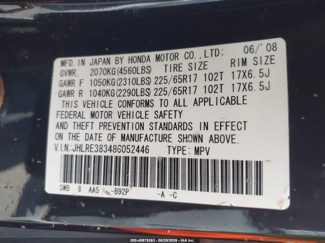 Aukcja sprzedaży 2008 Honda Cr-v Lx, vin: JHLRE38348C052446, numer aukcji: 45975263