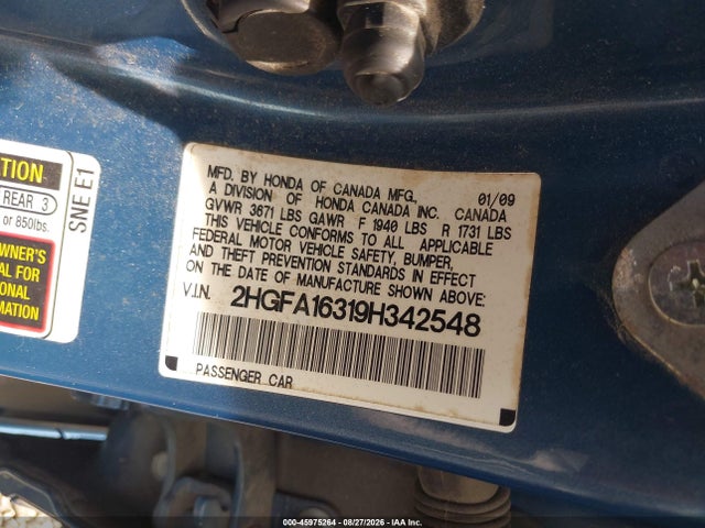 Продажа на аукционе авто 2009 Honda Civic Vp, vin: 2HGFA16319H342548, номер лота: 45975264