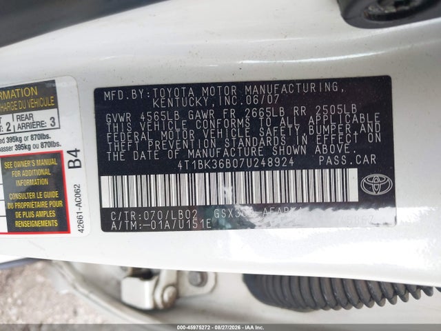 45975272 :رقم المزاد ، 4T1BK36B07U248924 vin ، 2007 Toyota Avalon Limited مزاد بيع