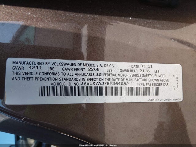 Продаж на аукціоні авто 2011 Volkswagen Jetta 2.5l Sel, vin: 3VWLX7AJ7BM364082, номер лоту: 45975275