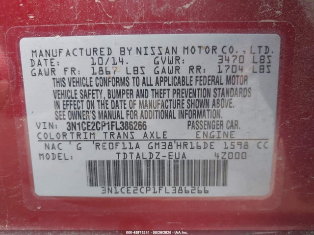 Aukcja sprzedaży 2015 Nissan Versa Note Sv, vin: 3N1CE2CP1FL386266, numer aukcji: 45975281