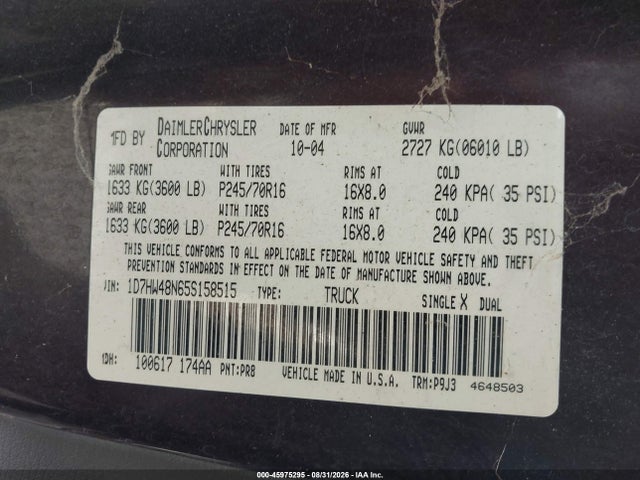2005 Dodge Dakota Slt მანქანა იყიდება აუქციონზე, vin: 1D7HW48N65S158515, აუქციონის ნომერი: 45975295