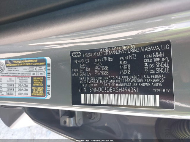 2025 Hyundai Tucson Sel Convenience მანქანა იყიდება აუქციონზე, vin: 5NMJC3DEXSH494051, აუქციონის ნომერი: 45975297