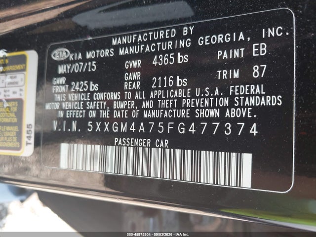 Продаж на аукціоні авто 2015 Kia Optima Lx, vin: 5XXGM4A75FG477374, номер лоту: 45975304
