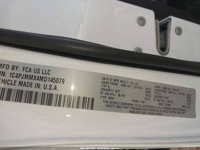2021 Jeep Cherokee Latitude Lux 4x4 მანქანა იყიდება აუქციონზე, vin: 1C4PJMMX4MD145079, აუქციონის ნომერი: 45975305