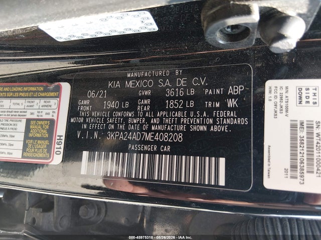 Aukcja sprzedaży 2021 Kia Rio Lx, vin: 3KPA24AD7ME408208, numer aukcji: 45975318