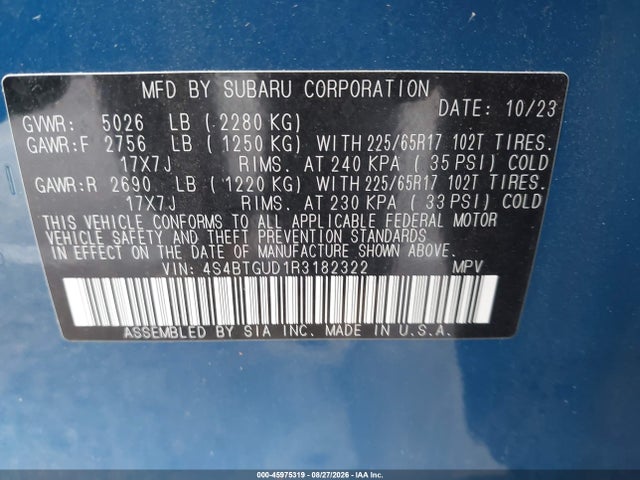 45975319 :رقم المزاد ، 4S4BTGUD1R3182322 vin ، 2024 Subaru Outback Wilderness مزاد بيع
