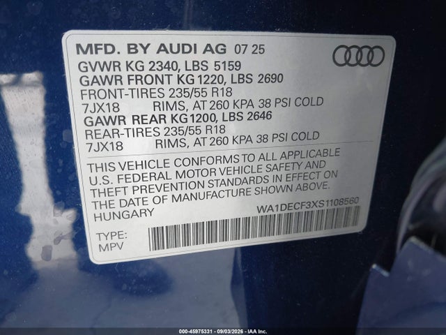 Aukcja sprzedaży 2025 Audi Q3 Premium 45 Tfsi S Line Quattro Tiptronic, vin: WA1DECF3XS1108560, numer aukcji: 45975331