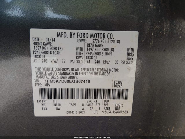 45975346 :رقم المزاد ، 1FM5K7D88EGB67418 vin ، 2014 Ford Explorer Xlt مزاد بيع