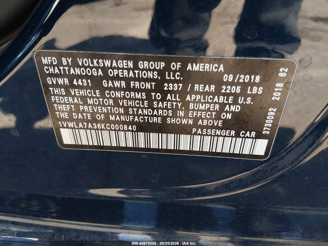 2019 Volkswagen Passat 2.0t Wolfsburg Edition მანქანა იყიდება აუქციონზე, vin: 1VWLA7A36KC000840, აუქციონის ნომერი: 45975358