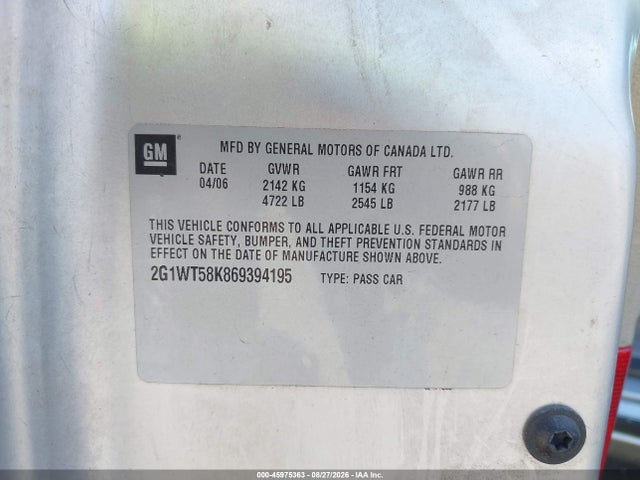 45975363 :رقم المزاد ، 2G1WT58K869394195 vin ، 2006 Chevrolet Impala Lt مزاد بيع