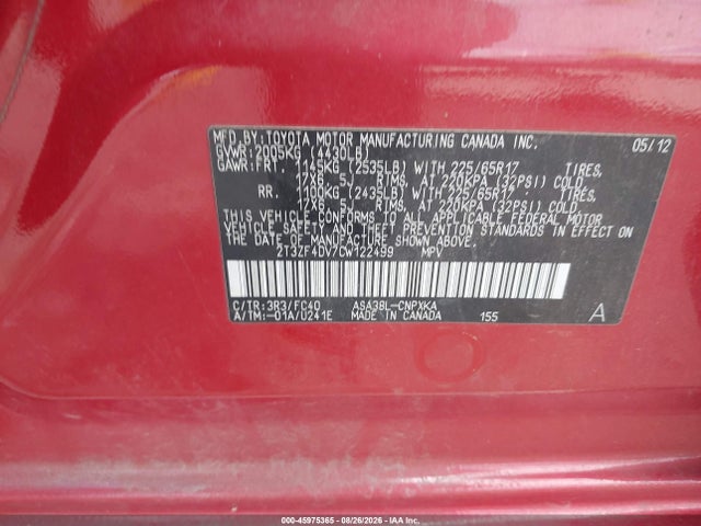 Aukcja sprzedaży 2012 Toyota Rav4, vin: 2T3ZF4DV7CW122499, numer aukcji: 45975365