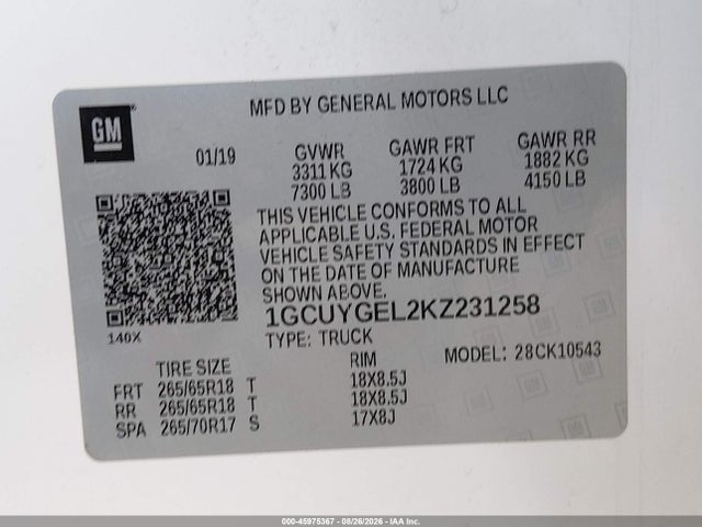 Продаж на аукціоні авто 2019 Chevrolet Silverado 1500 Ltz, vin: 1GCUYGEL2KZ231258, номер лоту: 45975367