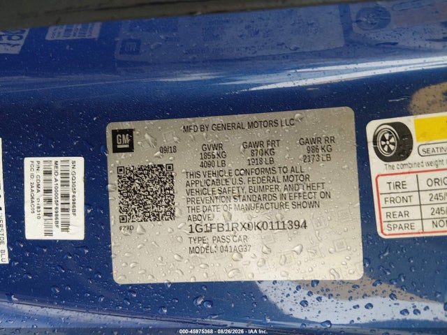 Auction sale of the 2019 Chevrolet Camaro 1lt, vin: 1G1FB1RX0K0111394, lot number: 45975368