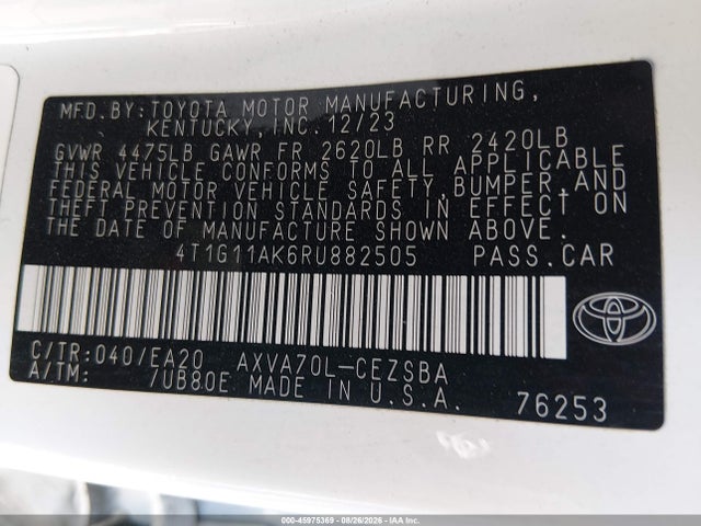 Auction sale of the 2024 Toyota Camry Se, vin: 4T1G11AK6RU882505, lot number: 45975369