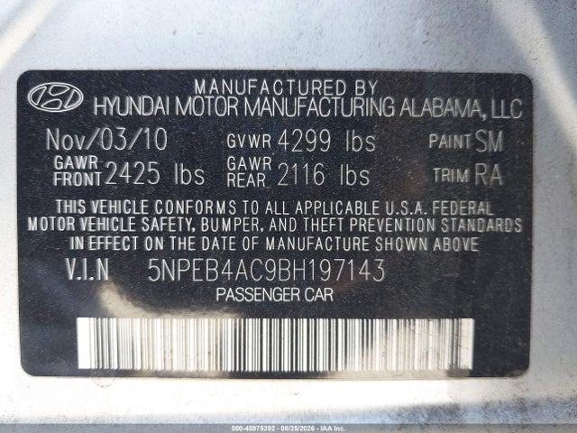 Aukcja sprzedaży 2011 Hyundai Sonata Gls, vin: 5NPEB4AC9BH197143, numer aukcji: 45975392