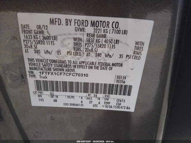 Продажа на аукционе авто 2012 Ford F-150 Fx2, vin: 1FTFX1CF7CFC70310, номер лота: 45975397