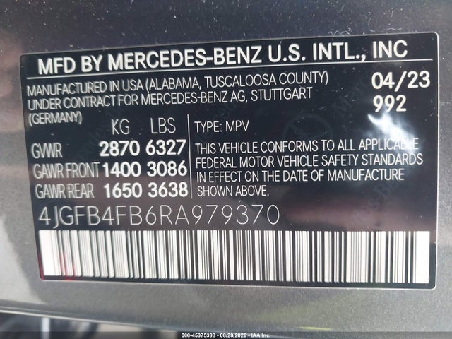 Aukcja sprzedaży 2024 Mercedes-benz Gle 350 4matic, vin: 4JGFB4FB6RA979370, numer aukcji: 45975398