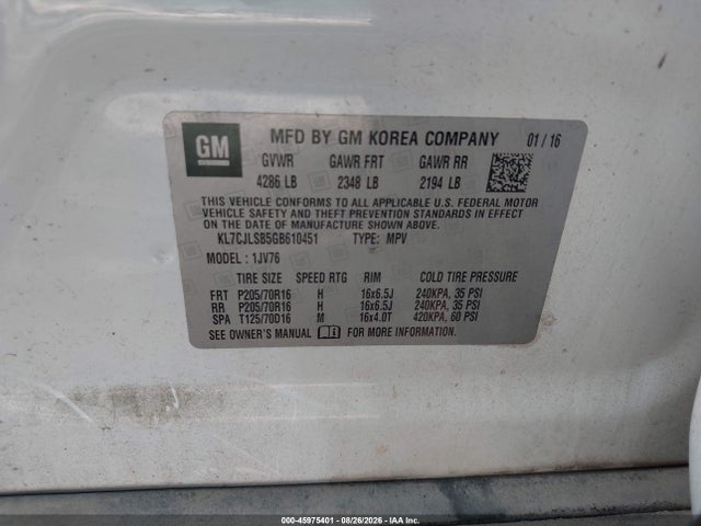 Aukcja sprzedaży 2016 Chevrolet Trax Lt, vin: KL7CJLSB5GB610451, numer aukcji: 45975401