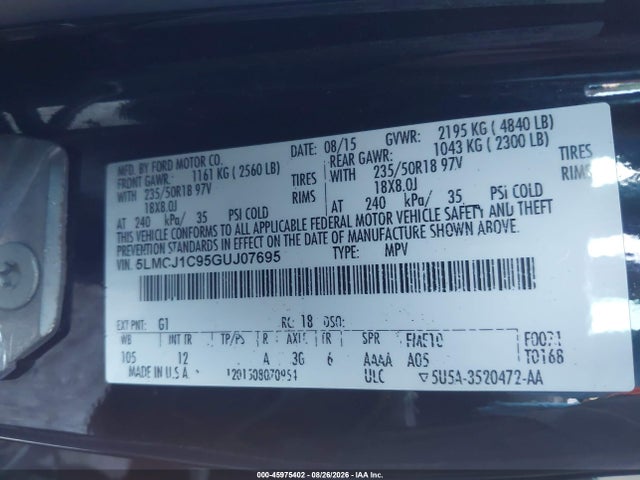 5LMCJ1C95GUJ07695 Lincoln Mkc Premier