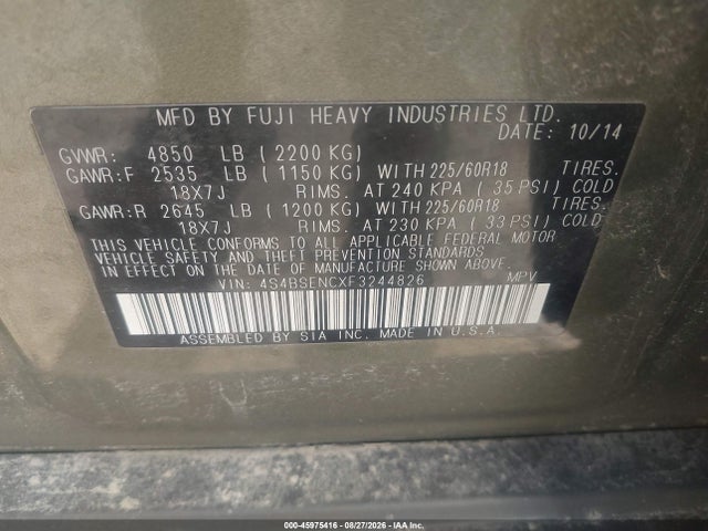 Subaru Outback 3.6r Limited 2015 4S4BSENCXF3244826 Image 9