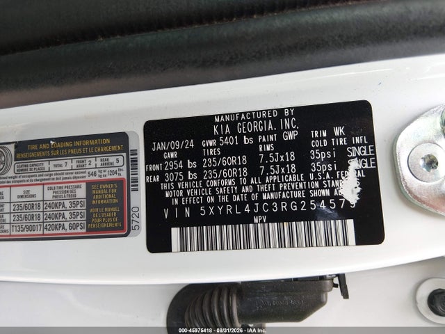 2024 Kia Sorento S მანქანა იყიდება აუქციონზე, vin: 5XYRL4JC3RG254579, აუქციონის ნომერი: 45975418