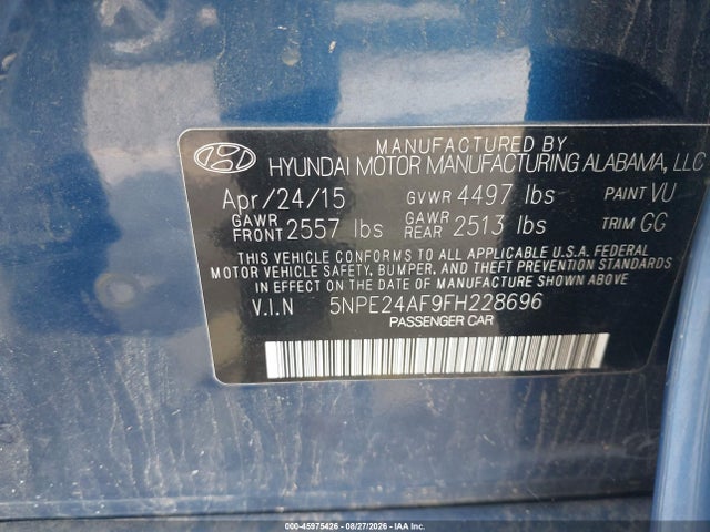 45975426 :رقم المزاد ، 5NPE24AF9FH228696 vin ، 2015 Hyundai Sonata Se مزاد بيع