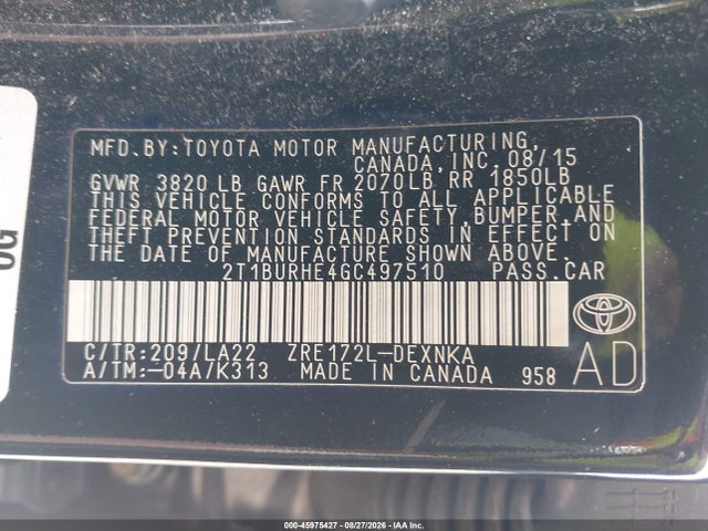 Продаж на аукціоні авто 2016 Toyota Corolla Le Premium, vin: 2T1BURHE4GC497510, номер лоту: 45975427